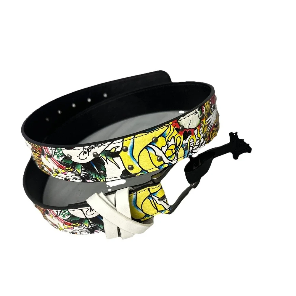 Ed Hardy Men's Skull Tiger Panther Print Belt With‎ Hammered Rivet Studs SZ 38